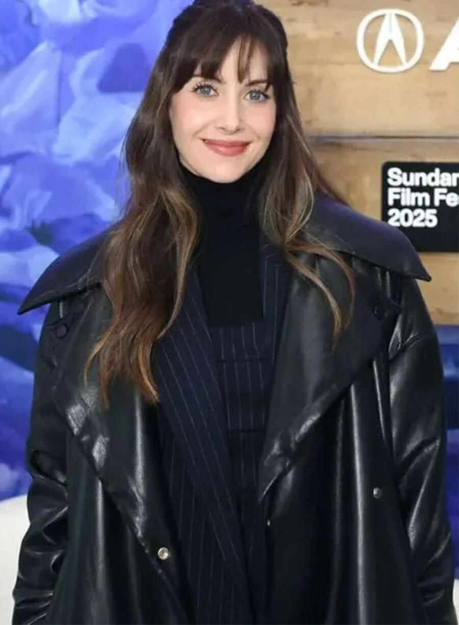 Alison Brie Together 2025 Millie Black Leather Coat