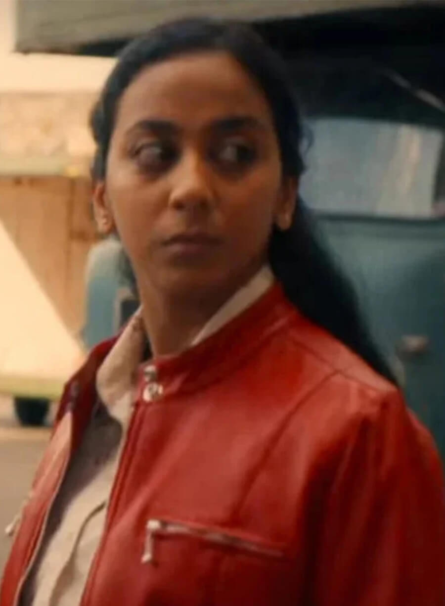 Anjana Vasan Black Mirror S06 Nida Huq Red Leather Jacket