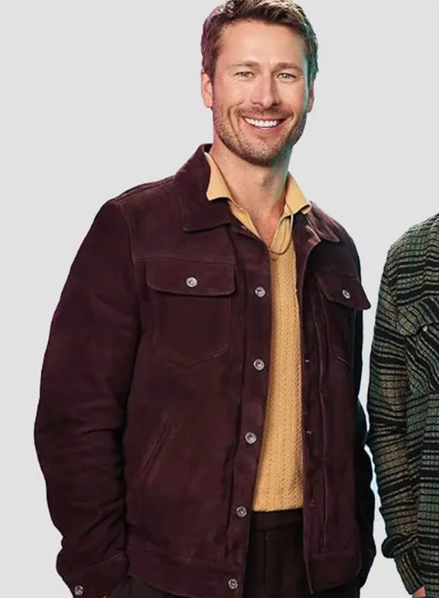 Glen Powell Hit Man Event Burgundy Suede Jacket