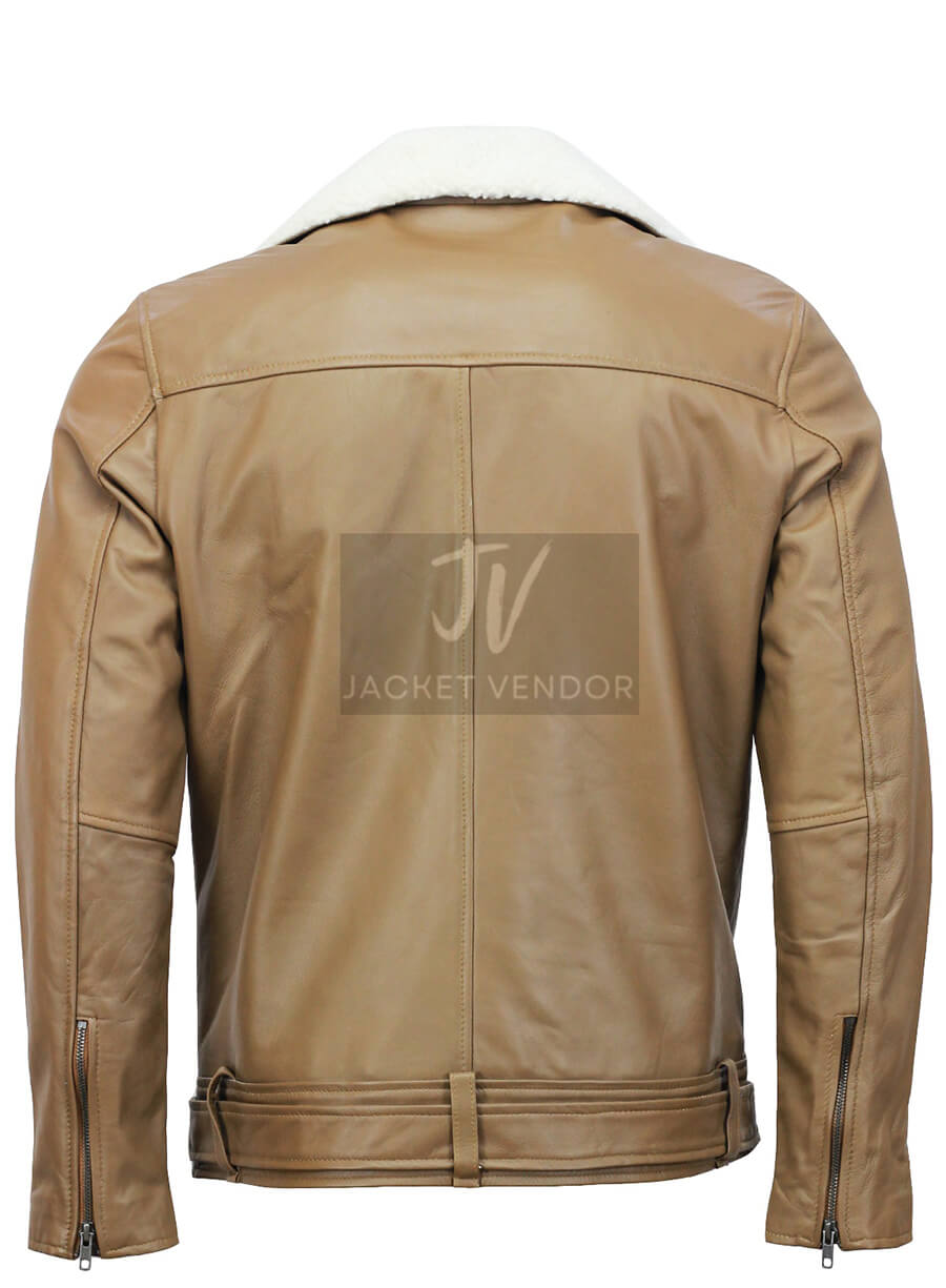 Mens Camel Motorcycle Leather Fur Collar Jacket