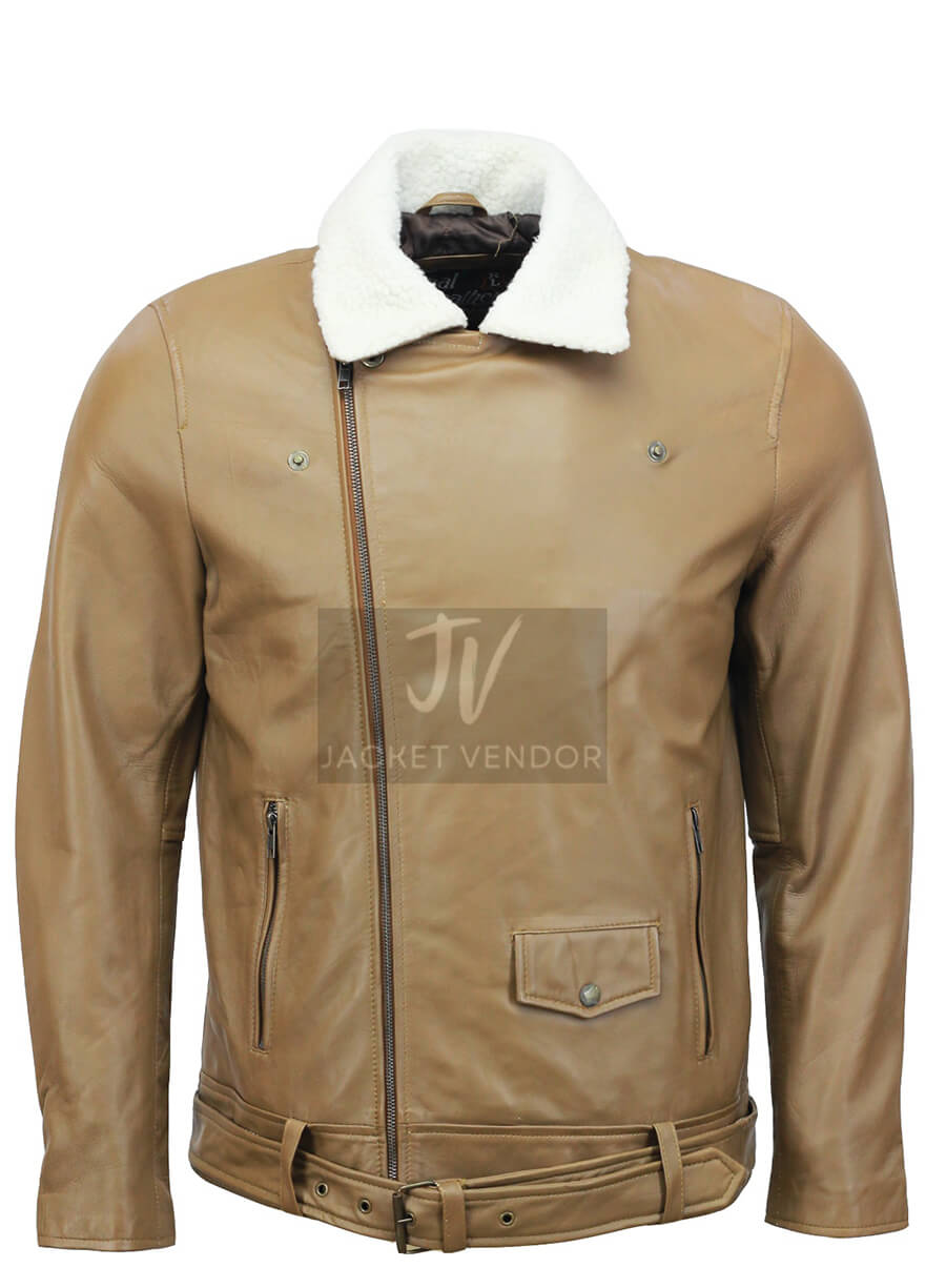 Mens Camel Motorcycle Leather Fur Collar Jacket