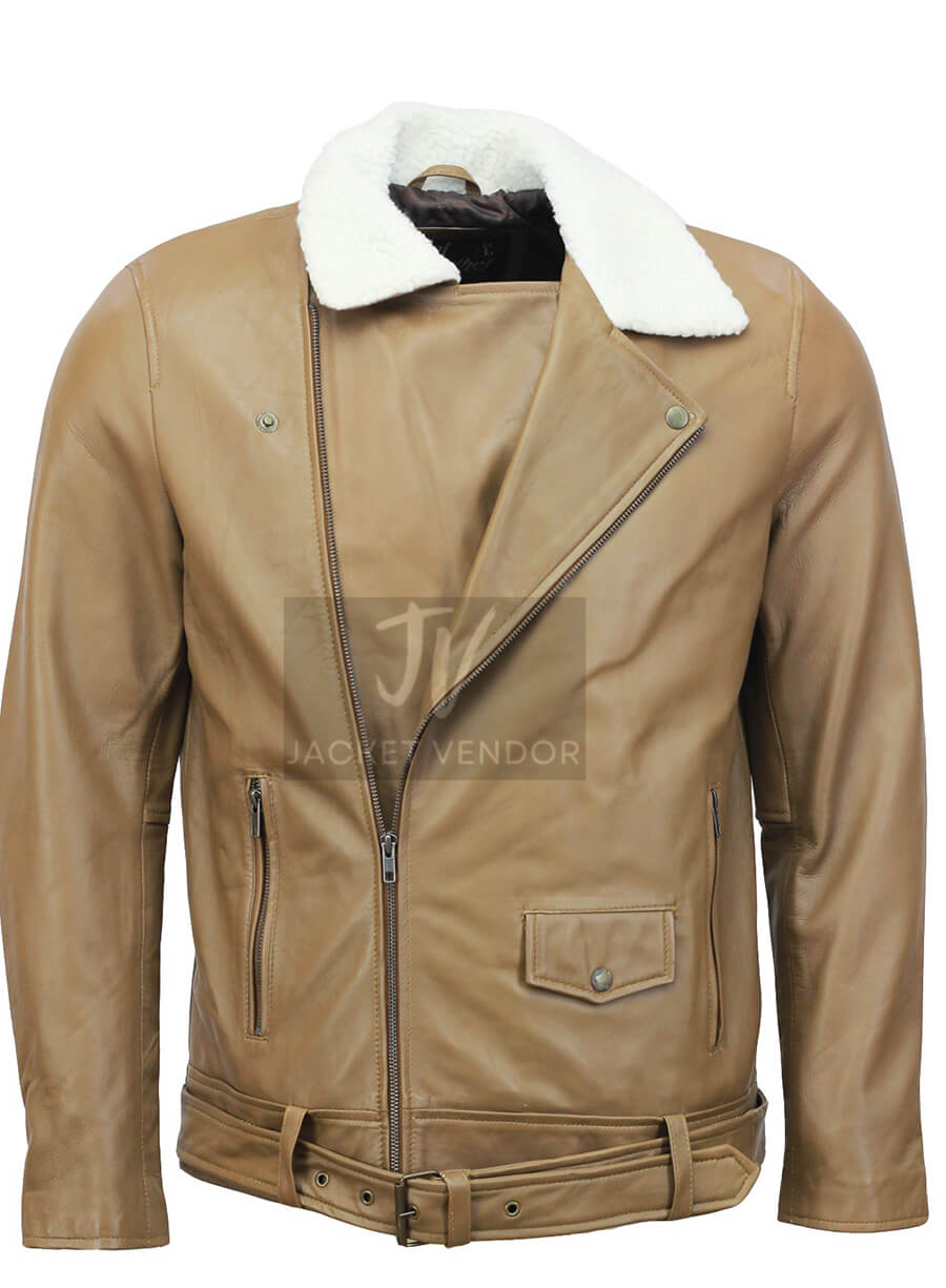 Mens Camel Motorcycle Leather Fur Collar Jacket