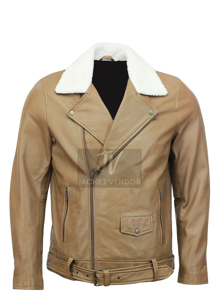 Mens Camel Motorcycle Leather Fur Collar Jacket