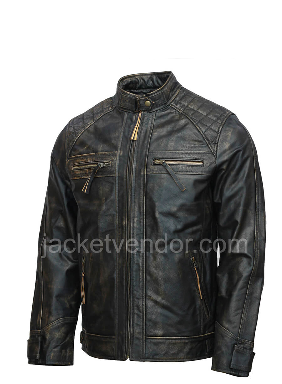 Mens Distressed Quilted Leather Jacket