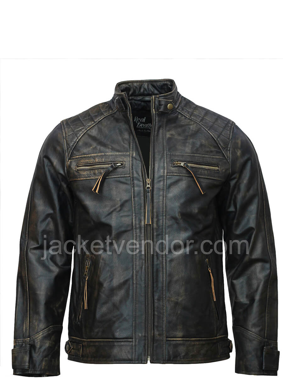 Mens Distressed Quilted Leather Jacket