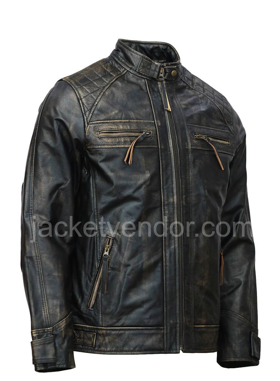 Mens Distressed Quilted Leather Jacket