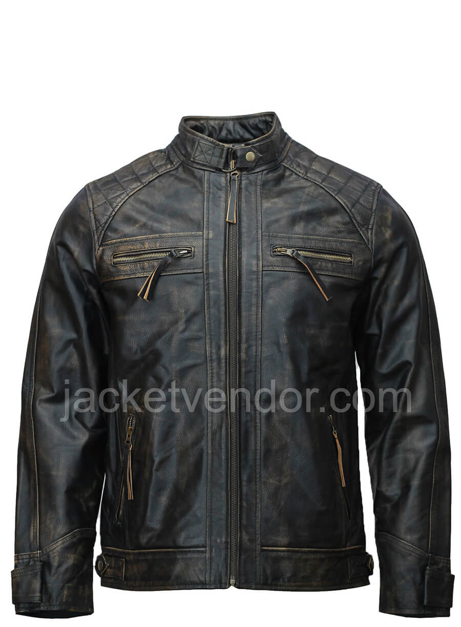 Mens Distressed Quilted Leather Jacket