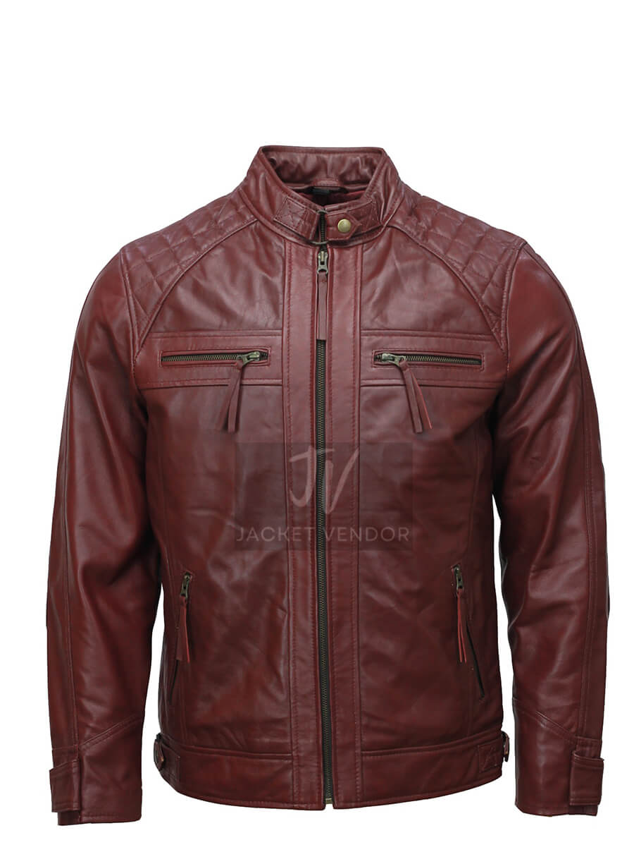 Mens Maroon Biker Leather Jacket