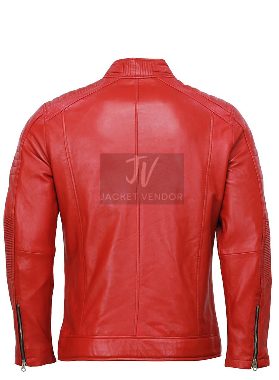 Mens Red Biker Cafe Racer Leather Jacket