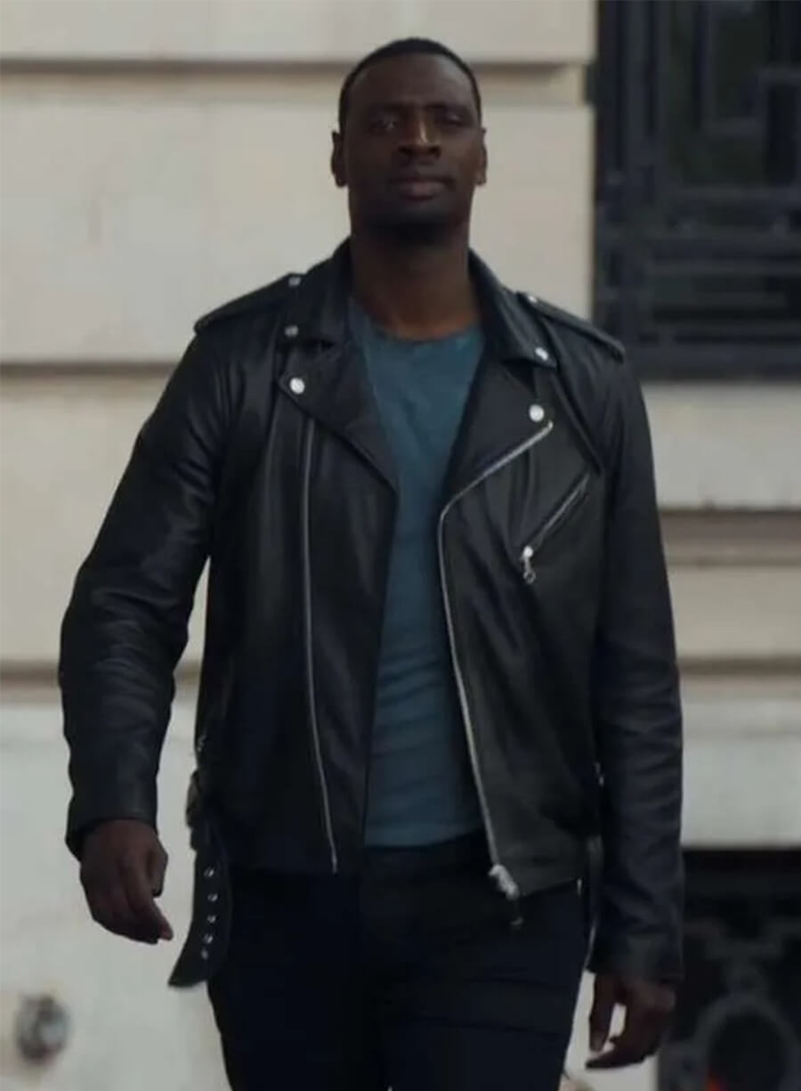 Omar Sy Lupin Assane Diop Black Biker Leather Jacket