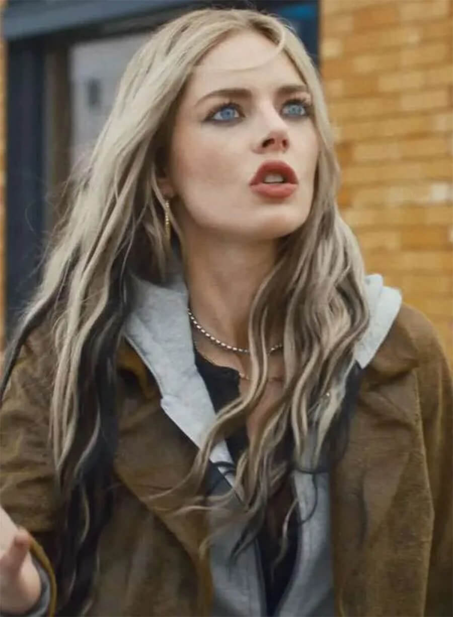 Samara Weaving Eenie Meanie 2025 Edie Brown Leather Coat