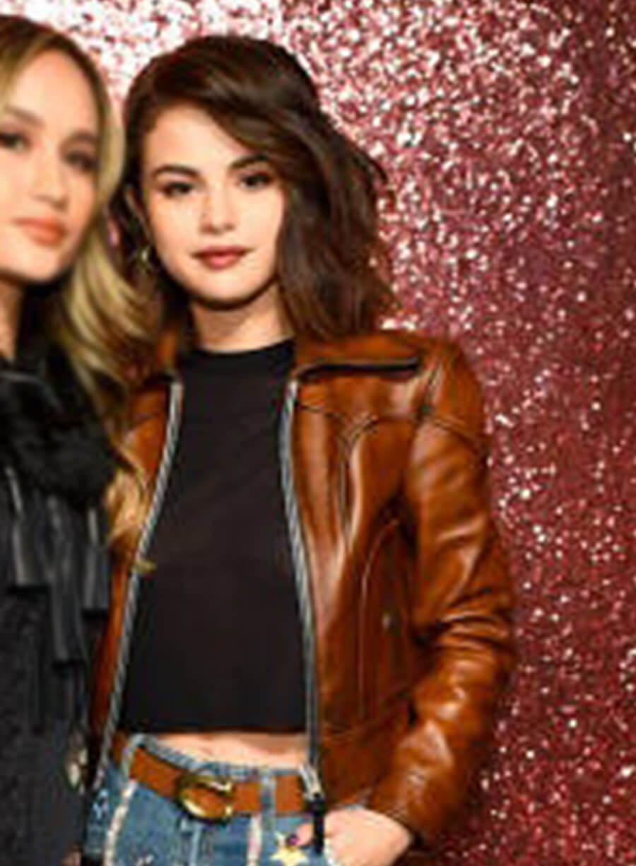 Selena Gomez Brown Cropped Leather Jacket