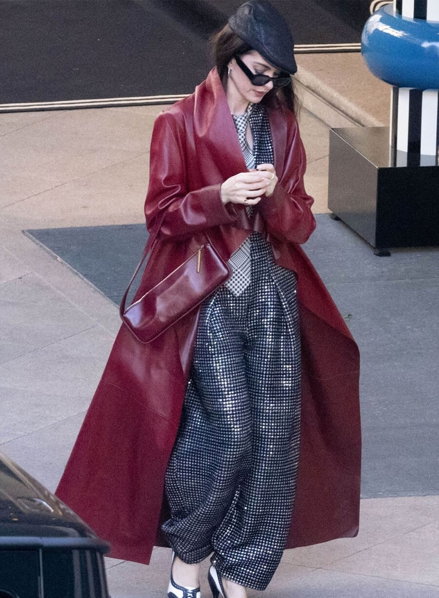 Anne Hathaway The Devil Wears Prada 2 Red Leather Coat