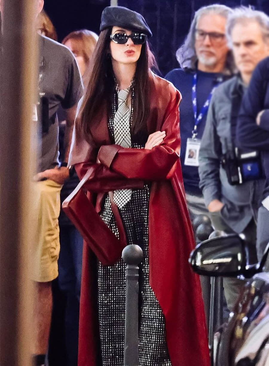 Anne Hathaway The Devil Wears Prada 2 Red Leather Coat