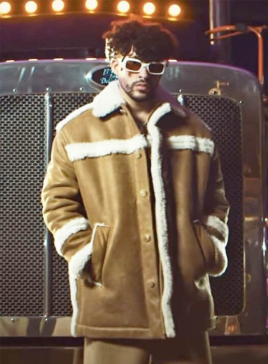 Bad Bunny Brown Shearling and Suede Leather Jacket