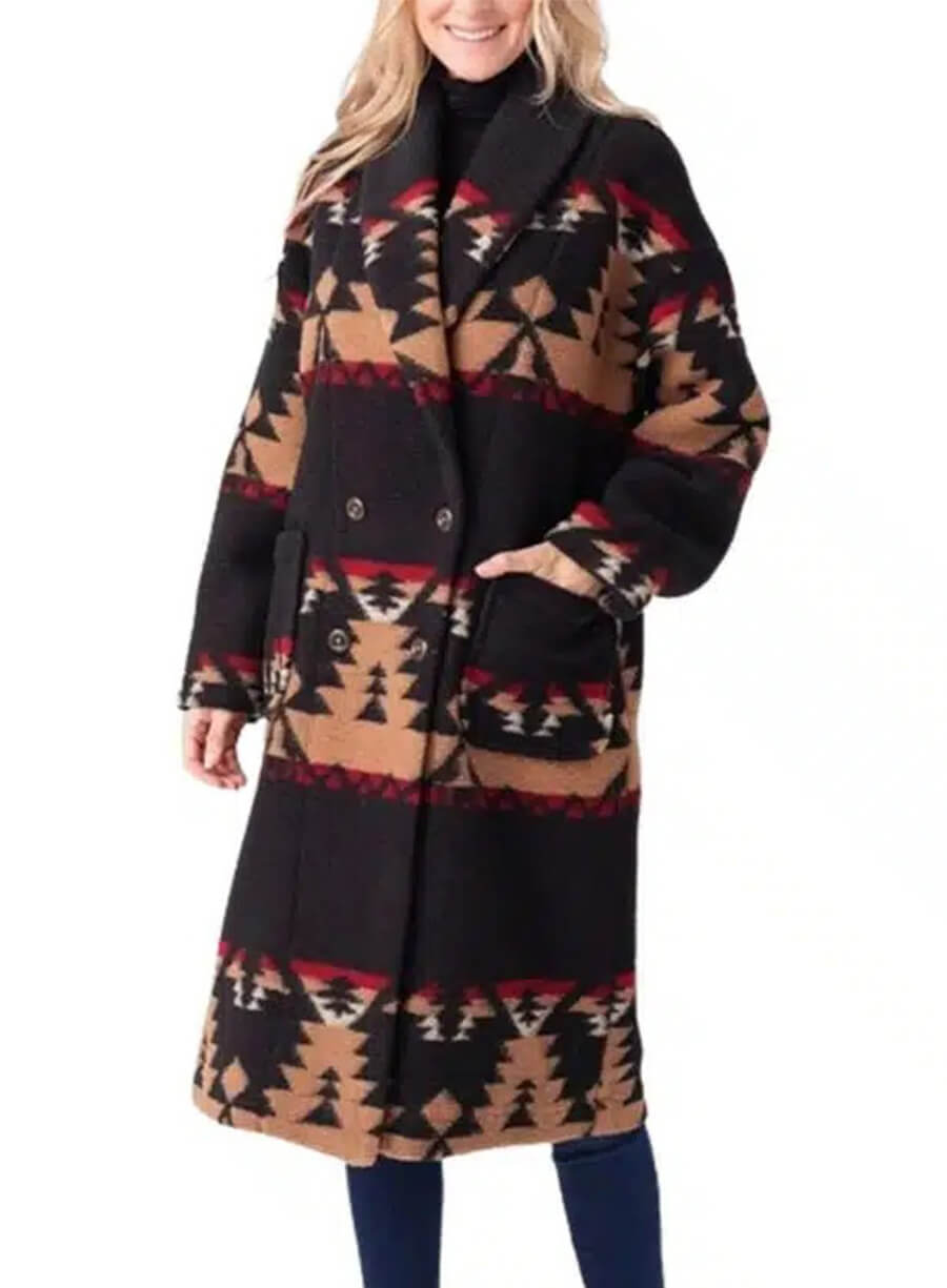  Beth Dutton Yellowstone Black Printed Wool Coat