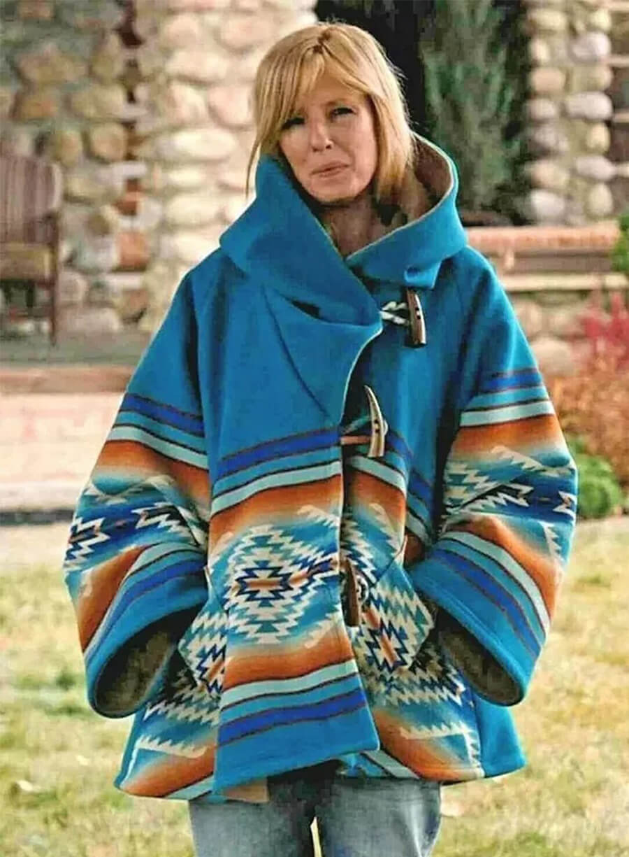 Beth Dutton Yellowstone Blue Printed Wool Coat