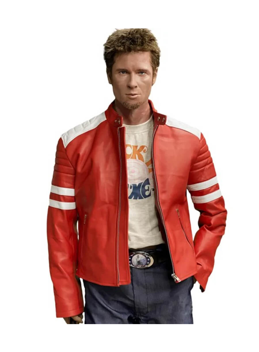 Brad Pitts Tyler Durden FC Red and White Leather Jacket