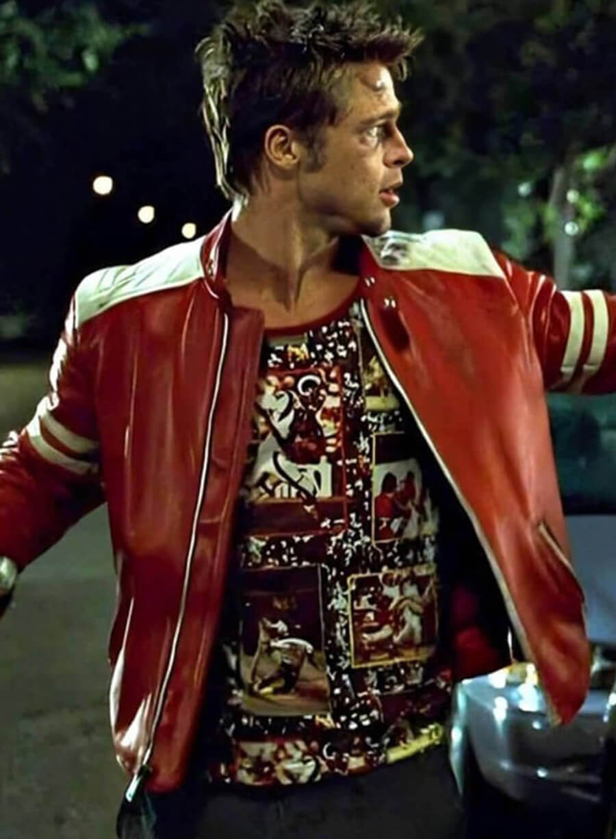 Brad Pitts Tyler Durden FC Red and White Leather Jacket