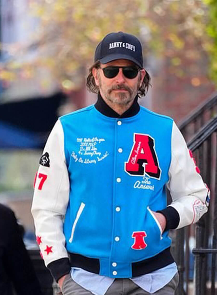 Bradley Cooper New York Walking Blue and White Varsity Jacket
