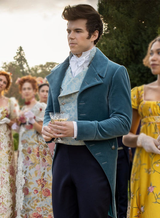 Bridgerton Luke Newton Colin Blue Velvet Tailcoat