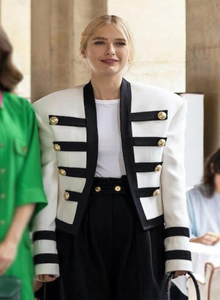 Camille Razat Emily in Paris Season 2 White and Black Coat