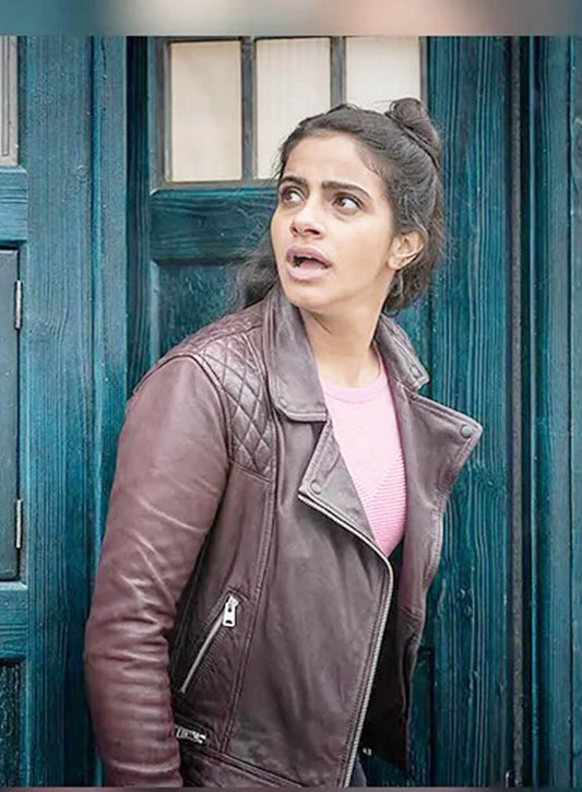 Doctor Who Mandip Gill Yasmin Khan Maroon Leather Jacket 