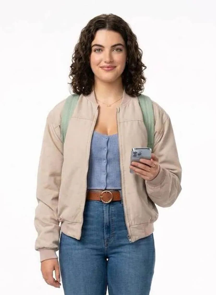Ella Bright Off Campus 2026 Hannah Wells Beige Bomber Jacket