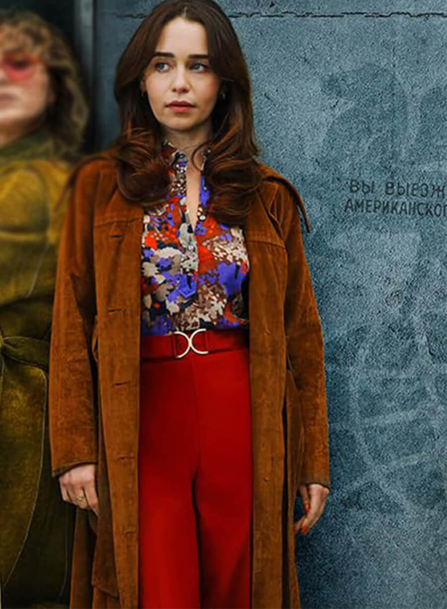 Emilia Clarke Ponies 2026 Bea Brown Suede Coat