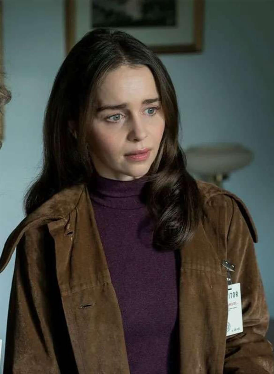 Emilia Clarke Ponies 2026 Bea Brown Suede Coat 