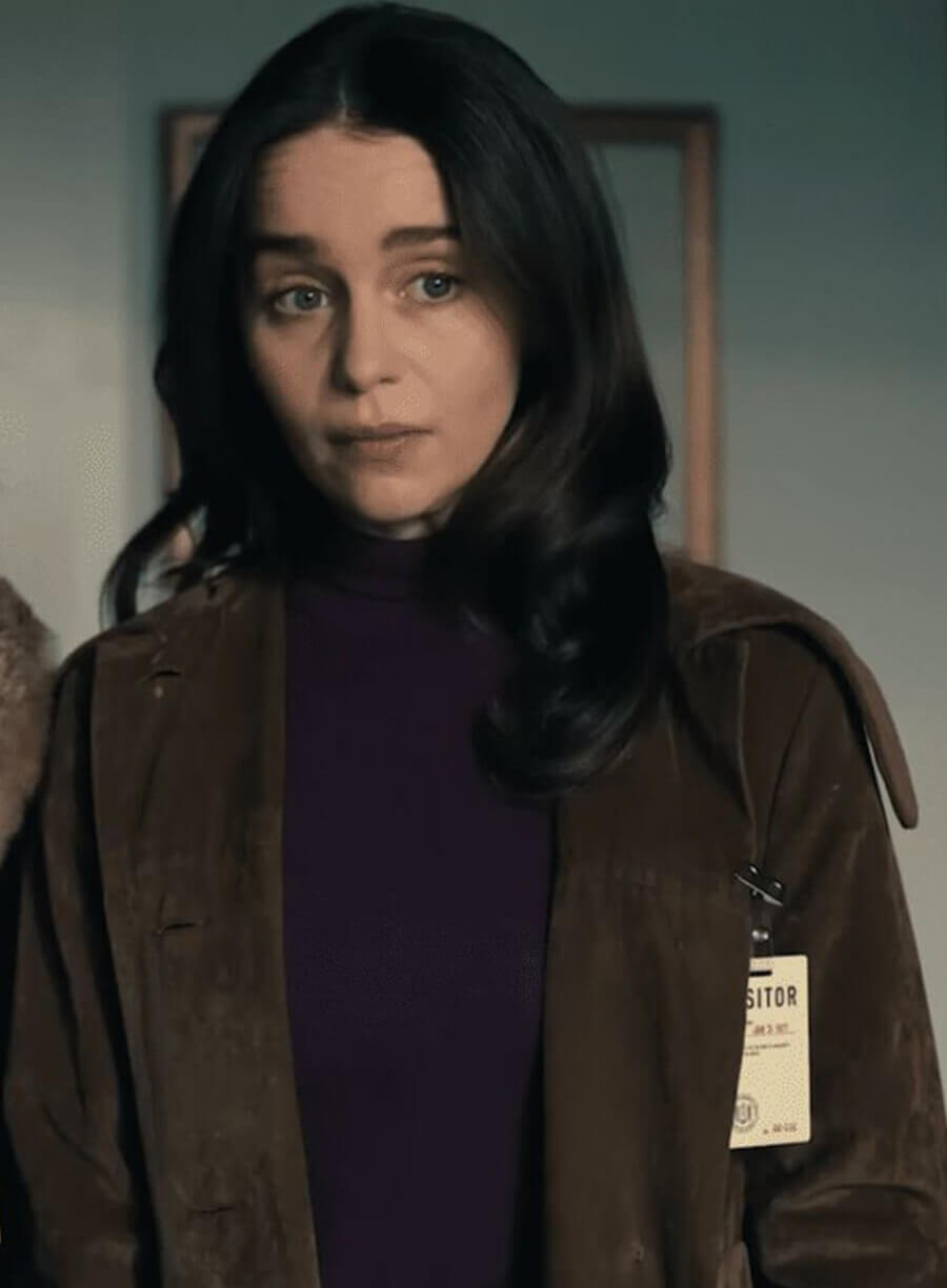 Emilia Clarke Ponies 2026 Bea Brown Suede Coat 