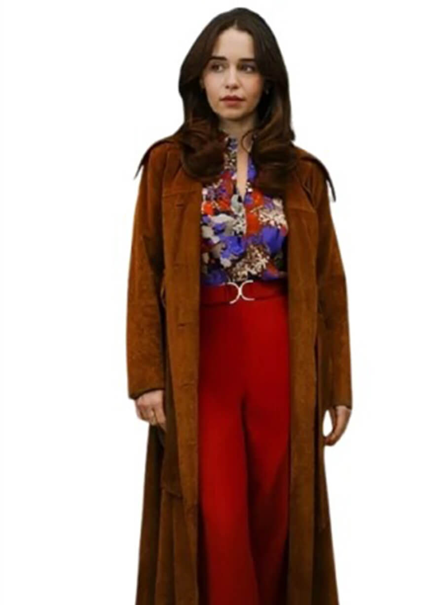 Emilia Clarke Ponies 2026 Bea Brown Suede Coat 