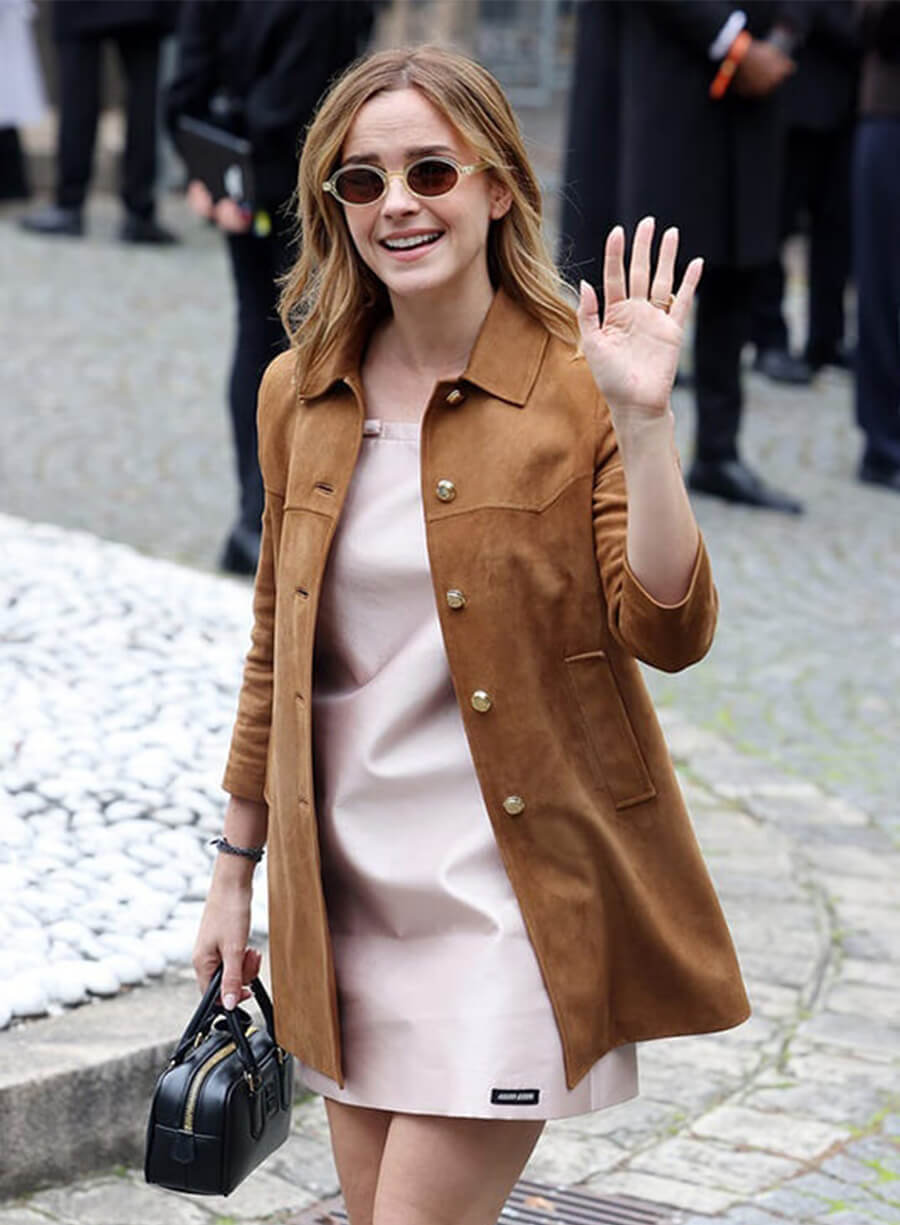 Emma Watson Paris Fashion Week Brown Suede Jacket 
