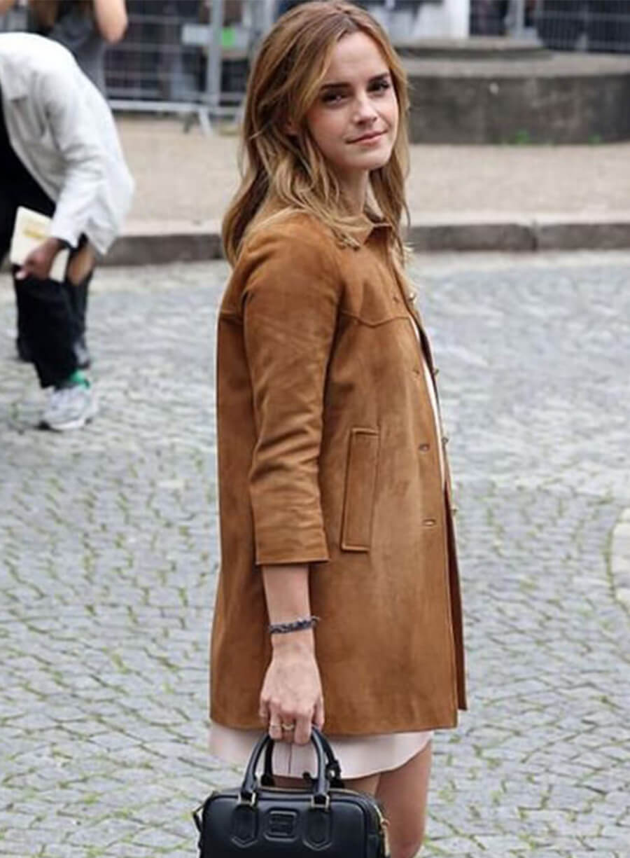 Emma Watson Paris Fashion Week Brown Suede Jacket 