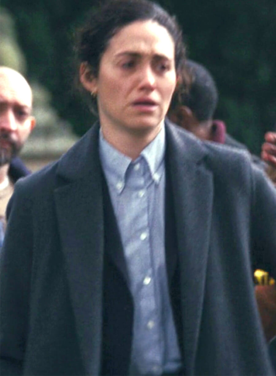 Emmy Rossum Furious 2026 Alice Black Grey Wool Coat 