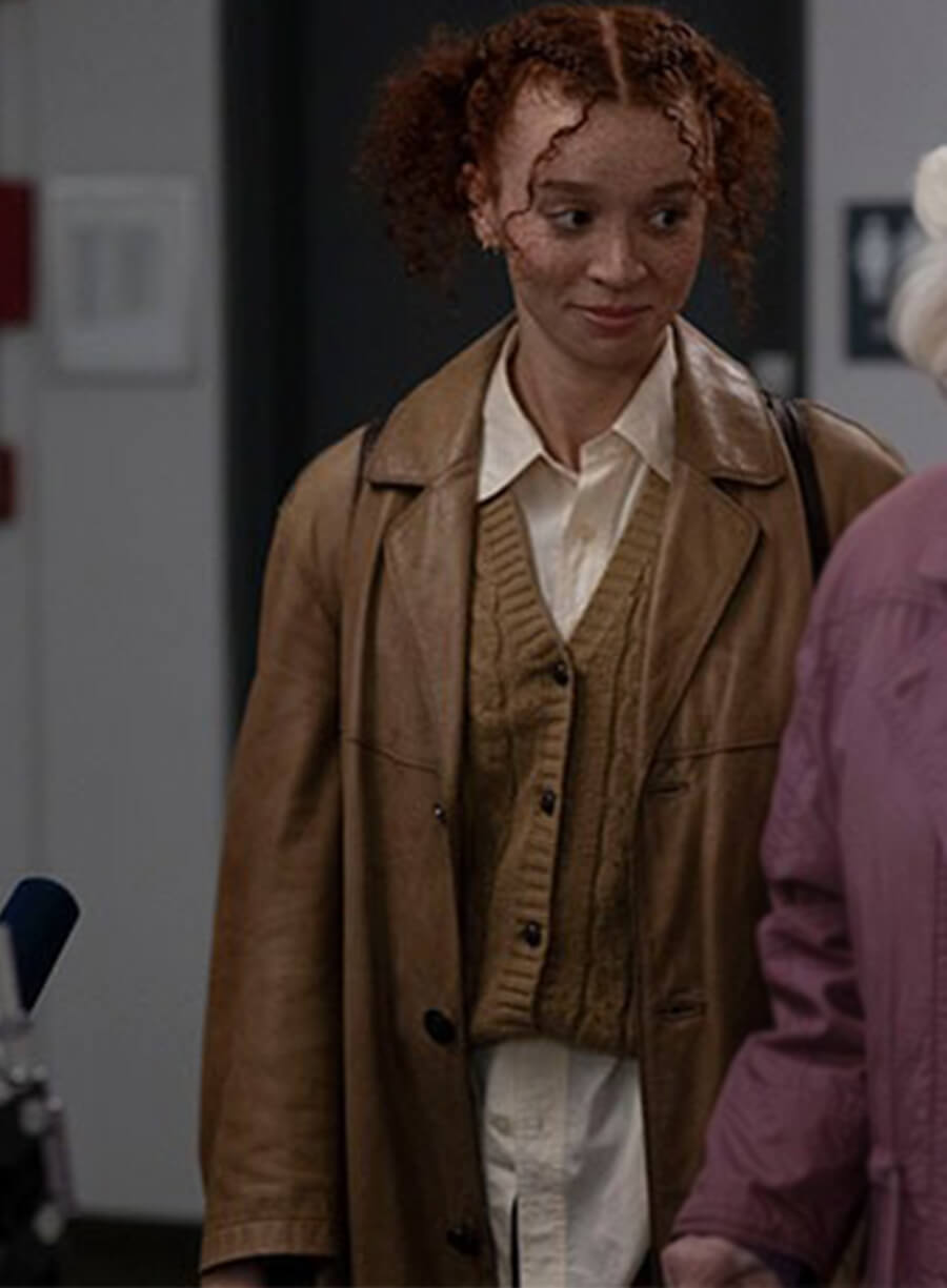 Erin Kellyman Eleanor the Great Nina Brown Leather Coat 