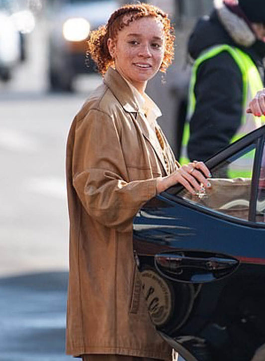 Erin Kellyman Eleanor the Great Nina Brown Leather Coat 