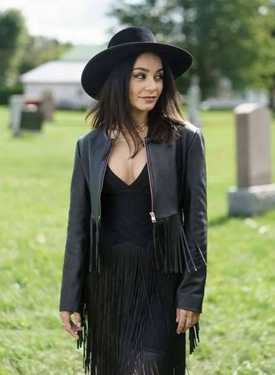 French Girl 2024 Ruby Collins Black Leather Fringe Jacket