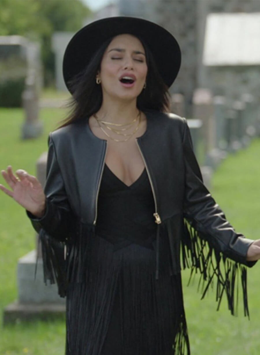 French Girl 2024 Ruby Collins Black Leather Fringe Jacket