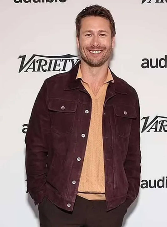 Glen Powell Hit Man Event Burgundy Suede Jacket