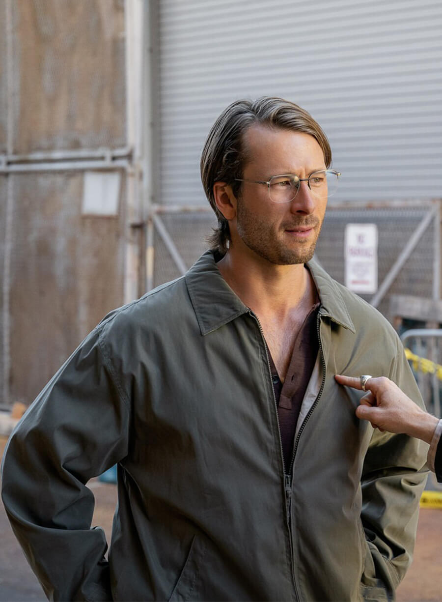 Glen Powell Hit Man Gary Johnson Grey Jacket