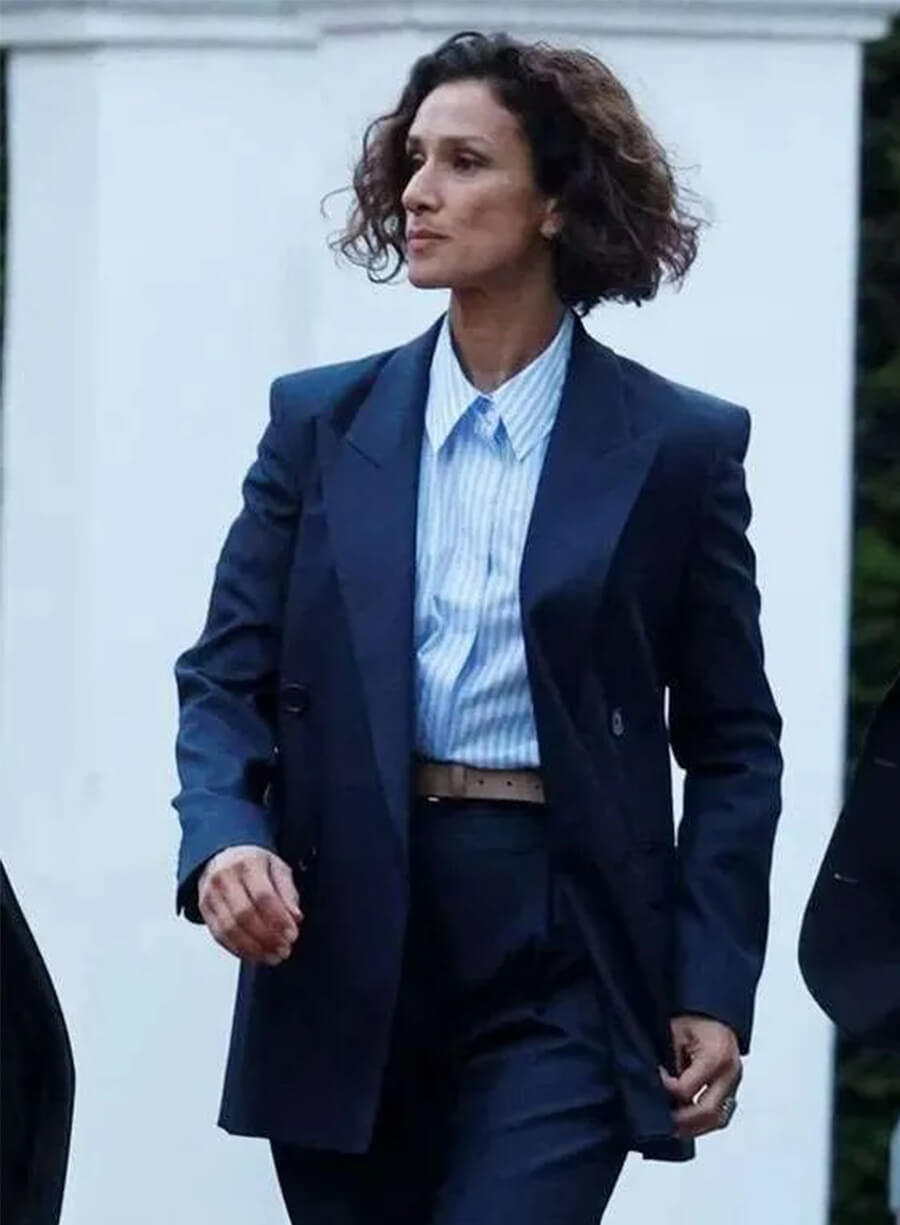 Indira Varma The Night Manager Mayra Cavendish Blue Blazer 