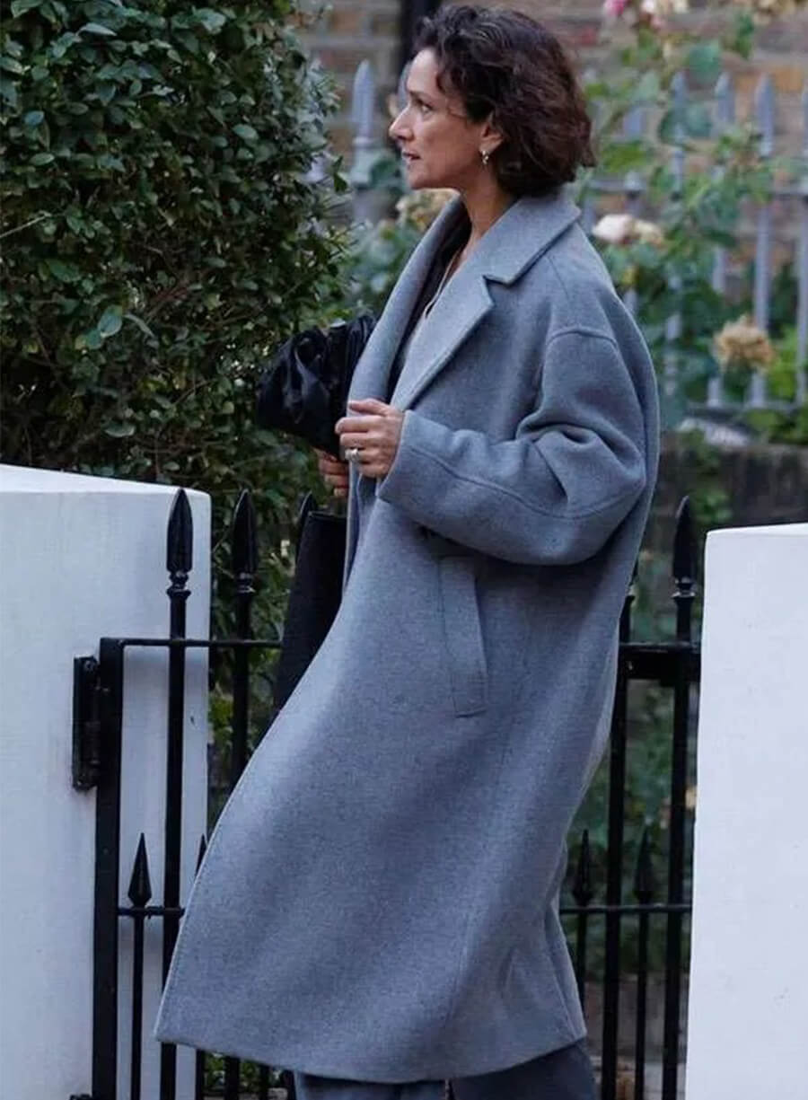 Indira Varma The Night Manager Mayra Cavendish Grey Coat