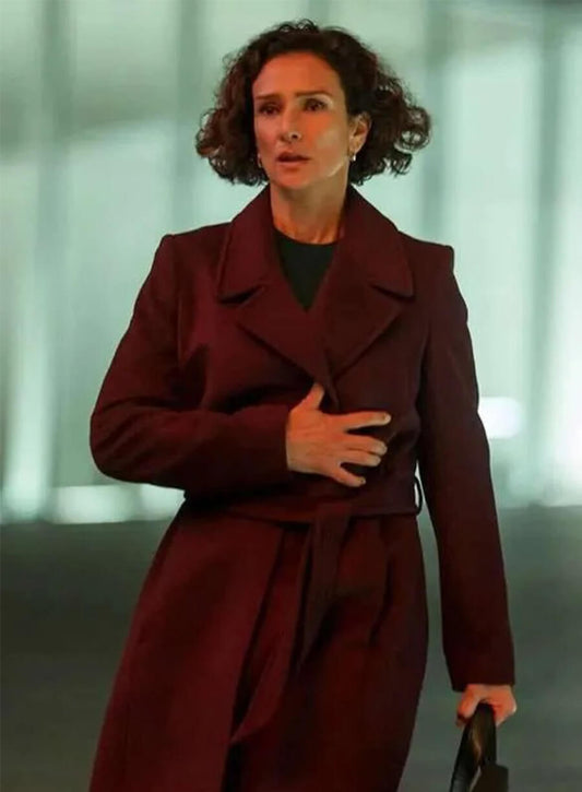 Indira Varma The Night Manager Mayra Cavendish Maroon Coat 