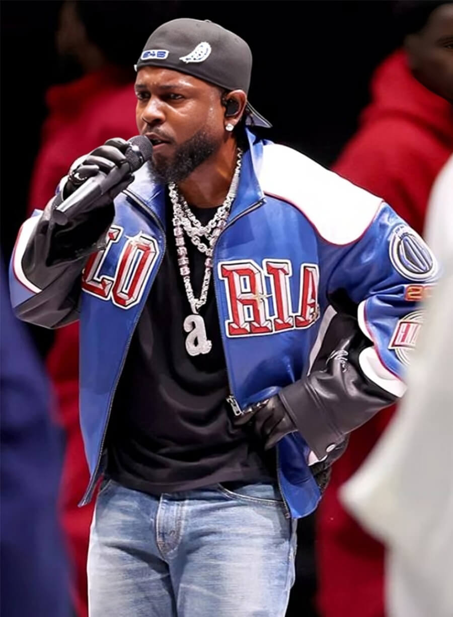 Kendrick Lamar Bowl 2025 Halftime Show Gloria Blue Leather Jacket