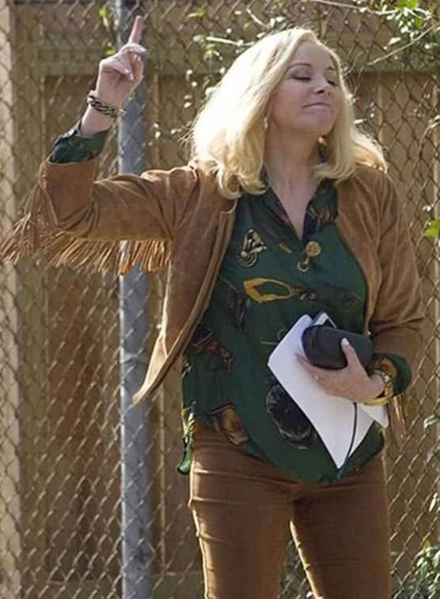 Kim Cattrall Filthy Rich Margaret Monreaux Brown Fringe Jacket