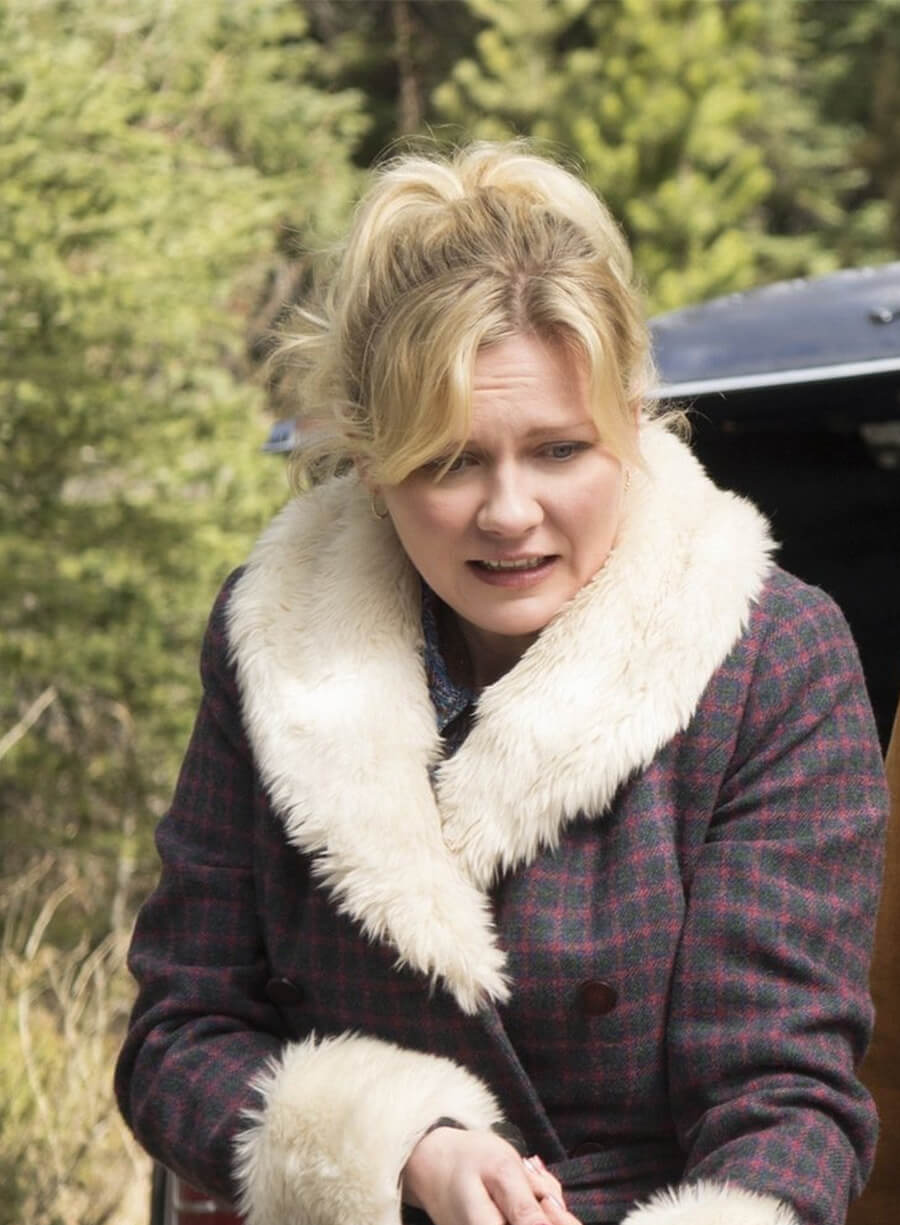 Kirsten Dunst Fargo Peggy Blumquist Fur Shearling Checkered Coat 