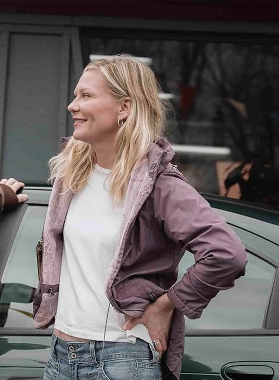 Kirsten Dunst Roofman 2025 Leigh Wainscott Purple Jacket