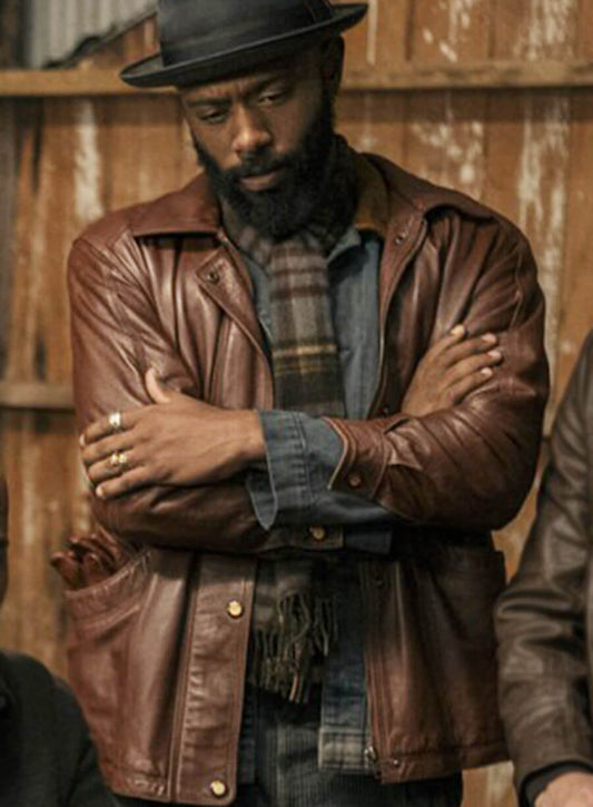 LaKeith Stanfield Play Dirty 2025 Alan Grofield Brown Leather Jacket