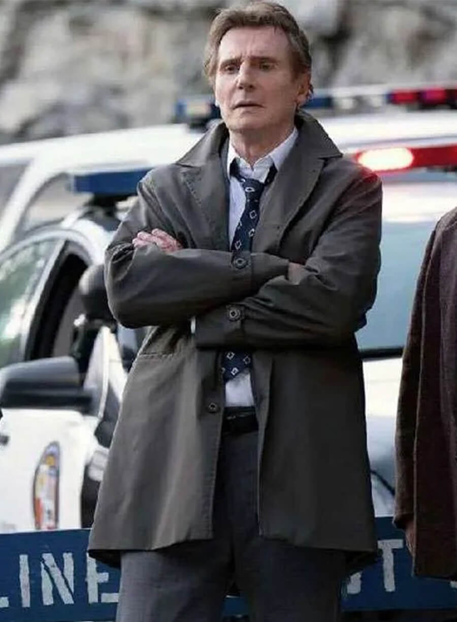 Liam Neeson The Naked Gun 2025 Frank Drebin Jr. Grey Coat